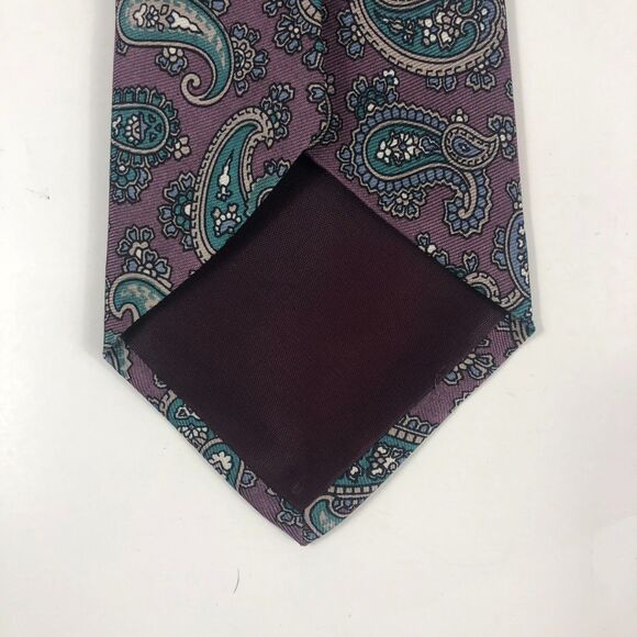 Vintage Rooster Silk Tie Paisley Purple Green Blue Made in USA Hand Printed Ital - Picture 3 of 6